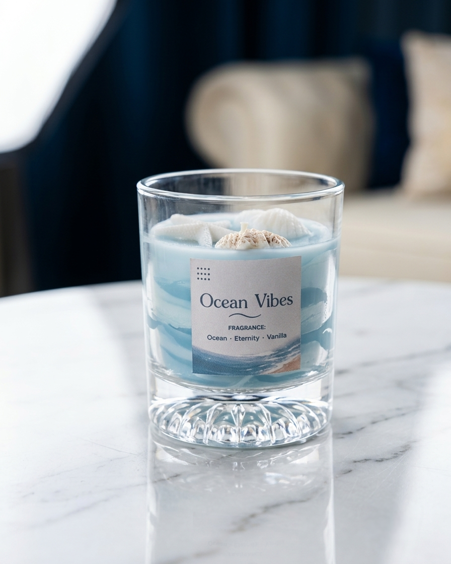 Ocean Vibes Soy Wax Scented Candle – Coastal Seashell Glass Jar