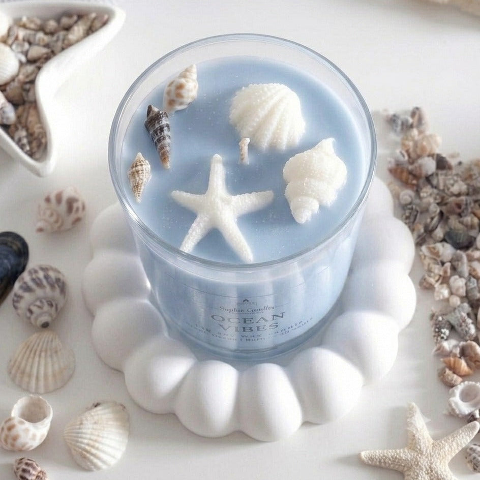 Ocean Vibes Soy Wax Scented Candle – Coastal Seashell Glass Jar