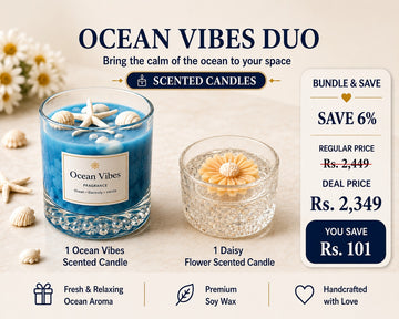 Ocean Vibes Soy Wax Scented Candle – Coastal Seashell Glass Jar & Homemade Luxury Daisy Flower Scented Candle Combo